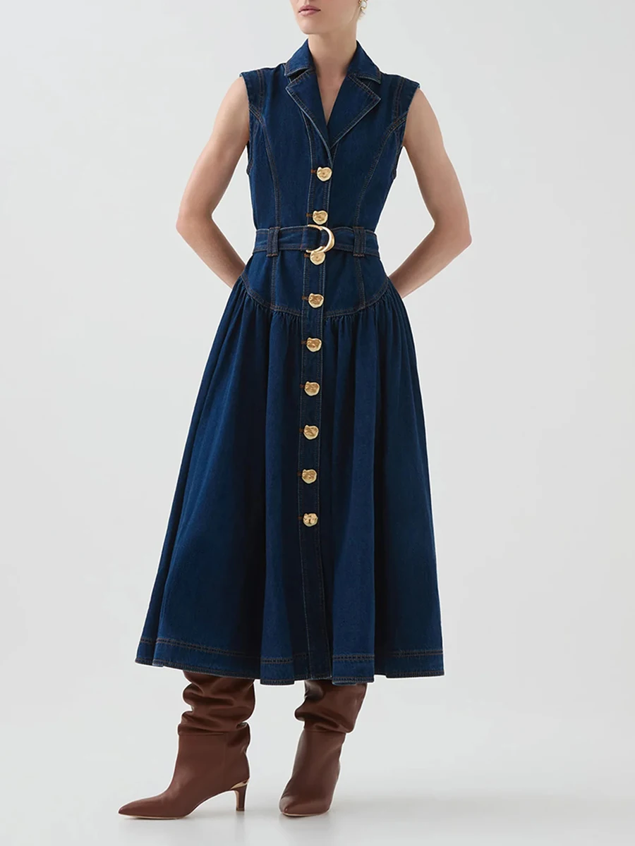 Twotwinstyle ファッションスプライシングシングルブレストカウボーイドレス女性のためのラペルノースリーブパッチワークベルト気質ドレス女性