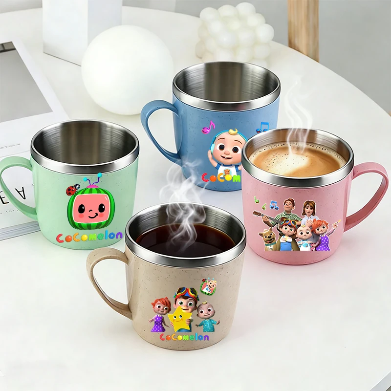 Niedliche Cocomelon-Trinkbecher für Jungen und Mädchen, 304 Edelstahlbecher mit Griff, Kaffee-Milch-Tasse, Tee-Getränkebecher, Paar-Wasserflasche, Geschenk für Zuhause