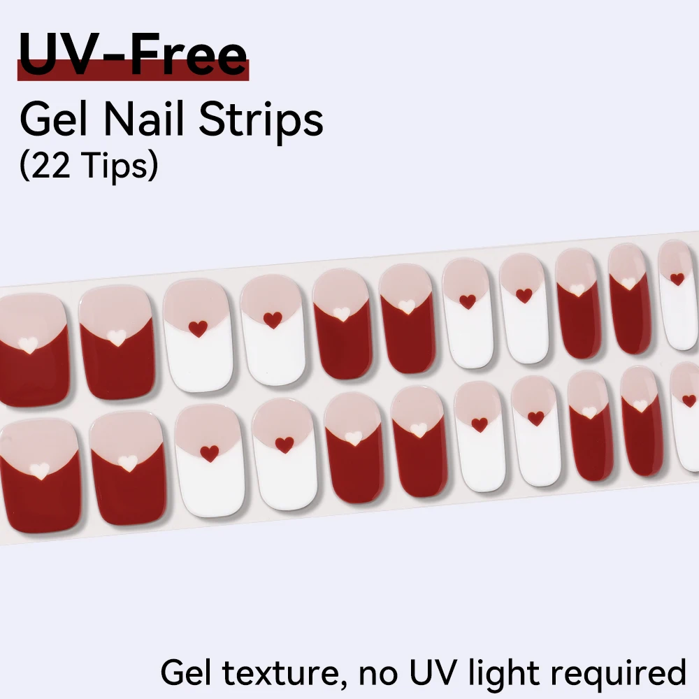 22Tips Wine Red & White French Nail Strips with Heart Design Solid Color Fine Glitter Full Cover Nail Wraps UV-Free Easy to Use