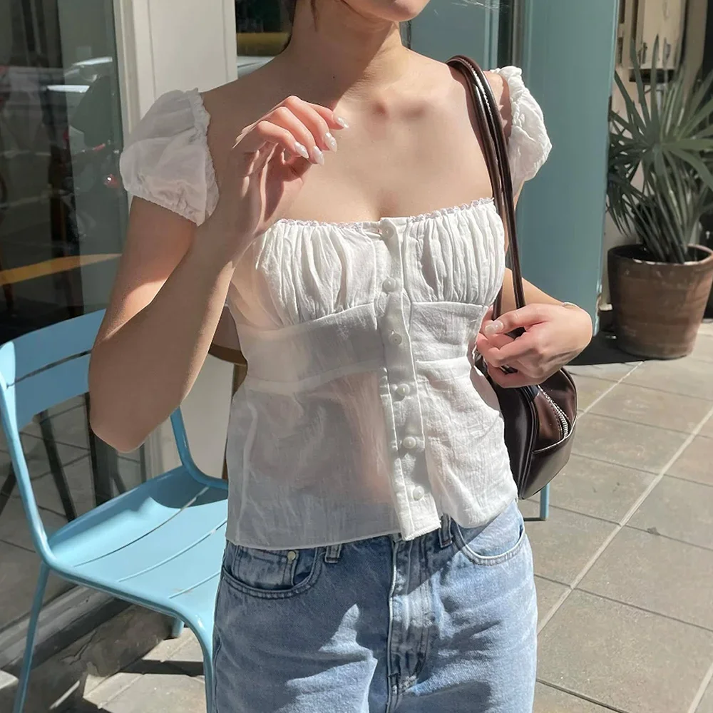 

Shirts Summer K-Fashion Streetwear Pleated Hem Single Breasted Puff Sleeve Square Neck Casual Shirts For Women