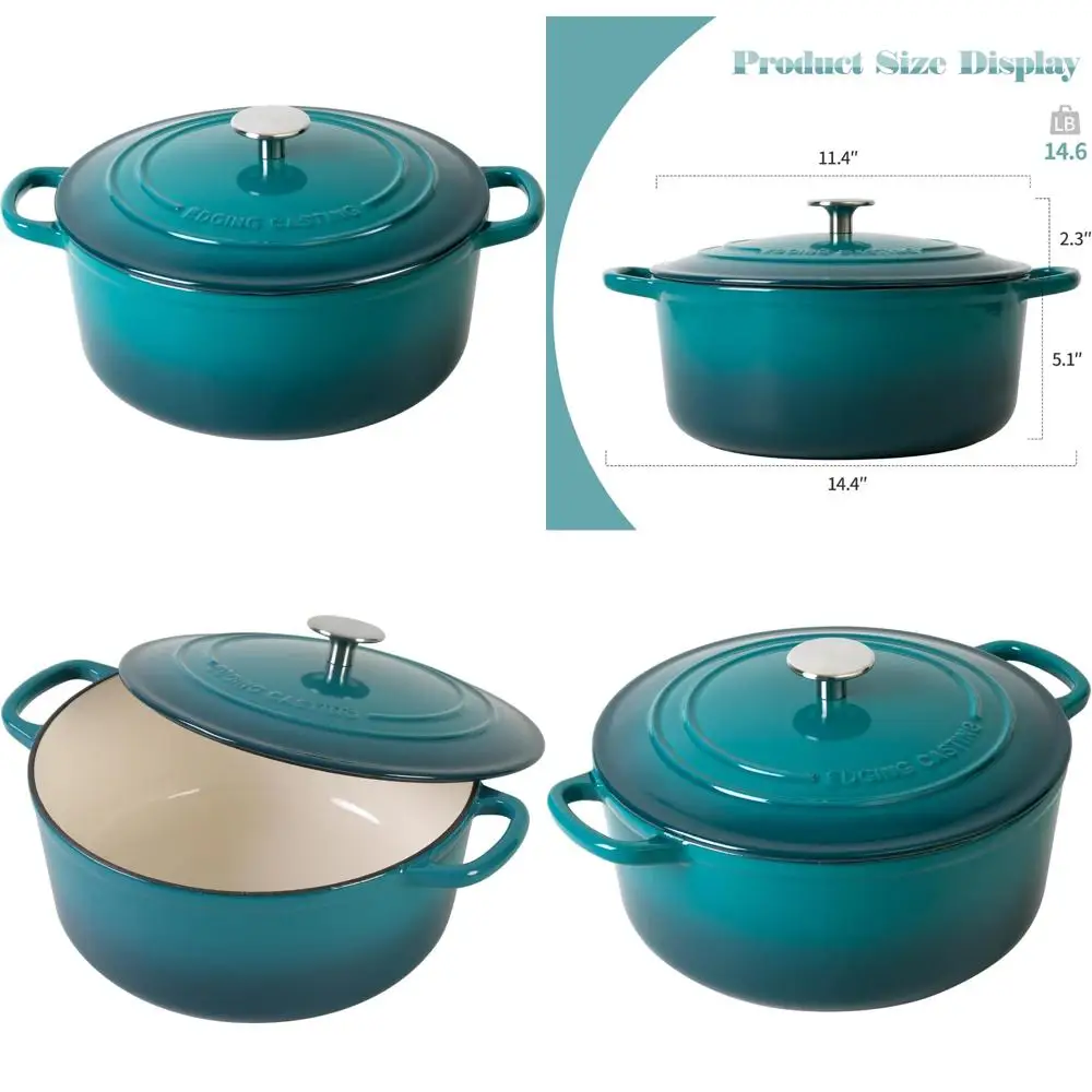

7 Quart Dark Cyan Enamel Cast Iron Dutch Oven Pot with Lid for Bread Baking and Cooking, Round Oven with Dual Handles, Ideal for