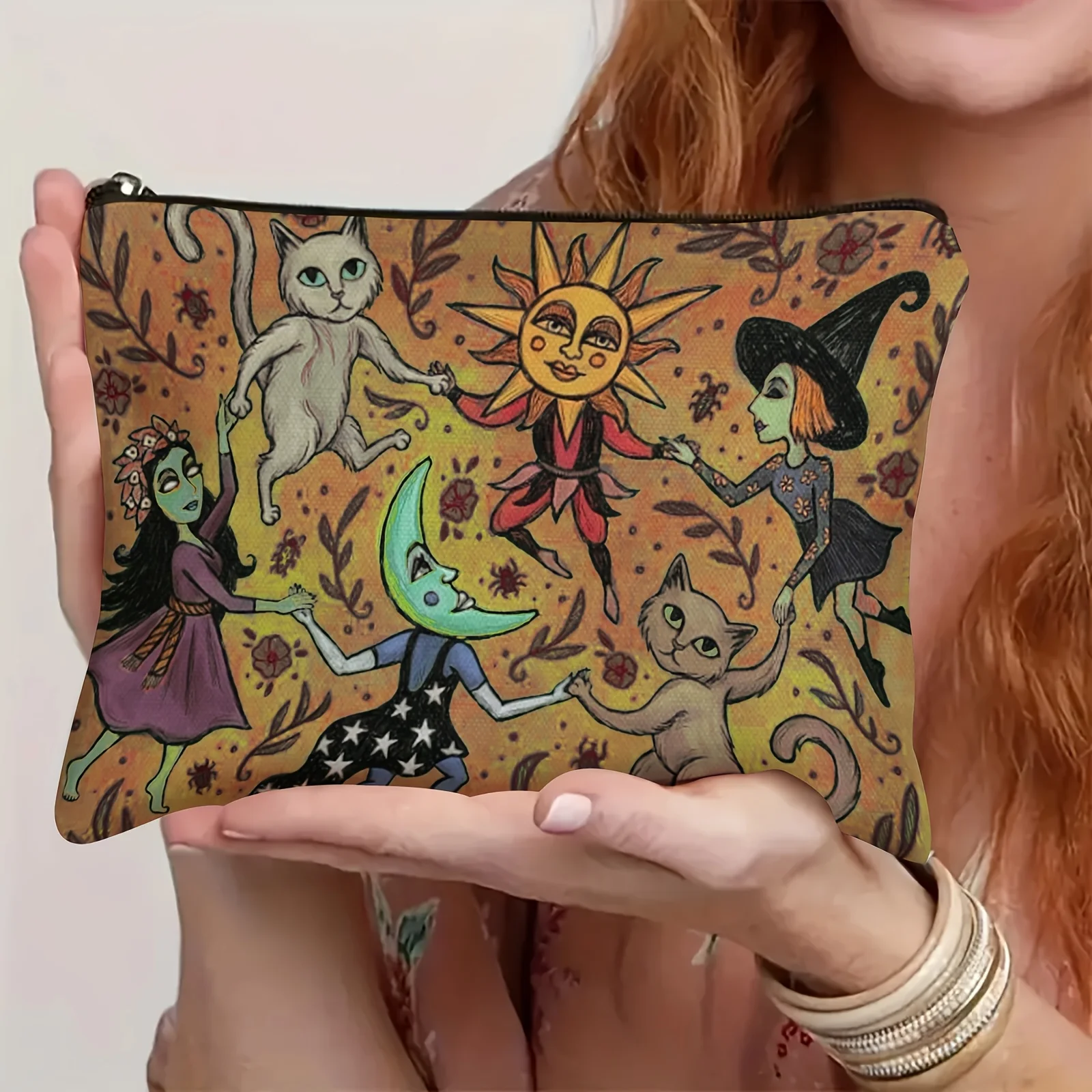 

Enchanted Forest Nighttime Cosmetic Bag – Whimsical Witch, Cat & Moon Celestial Design with Autumn Leaves & Floral Pattern