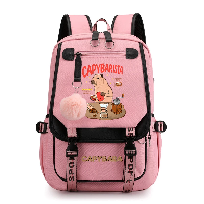 Mochila escolar con estampado de Animal Capybara para niñas, bolsa de viaje USB, rosa, regalo para niños