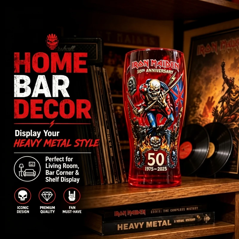 Iron Maiden 50th Anniversary Beer Glass, 500ml 16oz The Trooper Eddie Skull Sticker Craft Pint Glass, Heavy Metal Rock Band