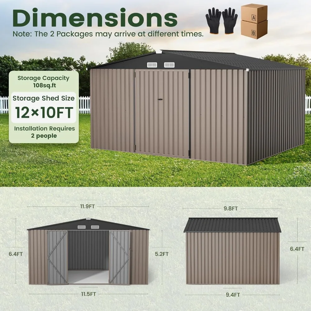 

10X12 FT Outdoor Storage Shed, Durable Metal Outside Storage for Garden, Patio and Backyard, Waterproof Shelter for Tools