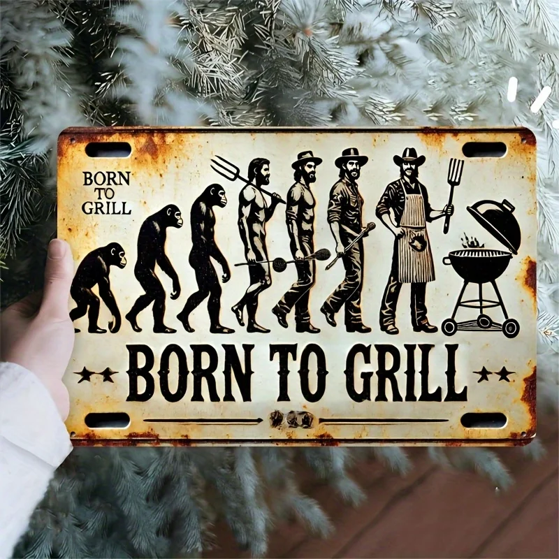 لافتة معدنية مسطحة ثنائية الأبعاد "Born to BBQ" - مثالية للمنزل والمطبخ والفناء والبار والمكتب على الطراز الريفي للشواء، متينة #6