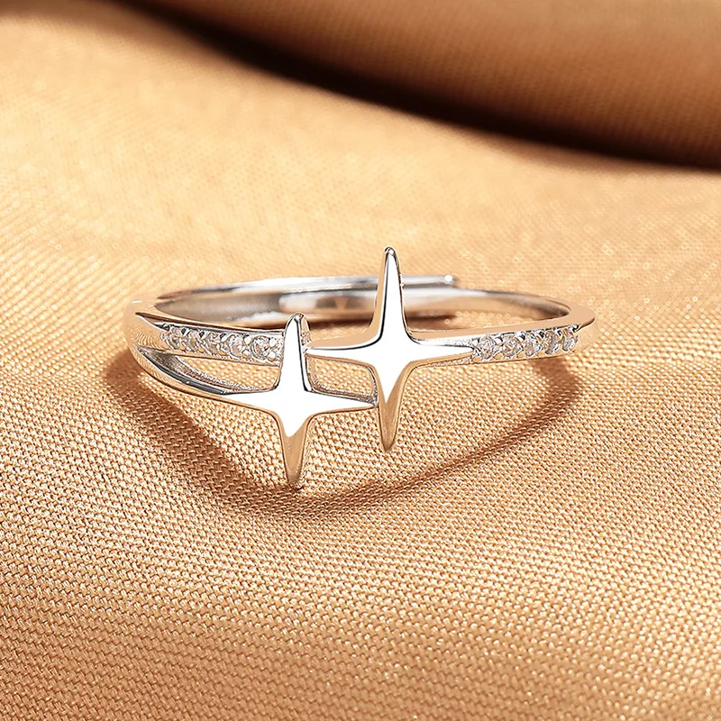 

Кольцо из стерлингового серебра 925 пробы с двойной звездой и бриллиантом, женственное простое модное индивидуальное открытое кольцо с высоким смыслом
