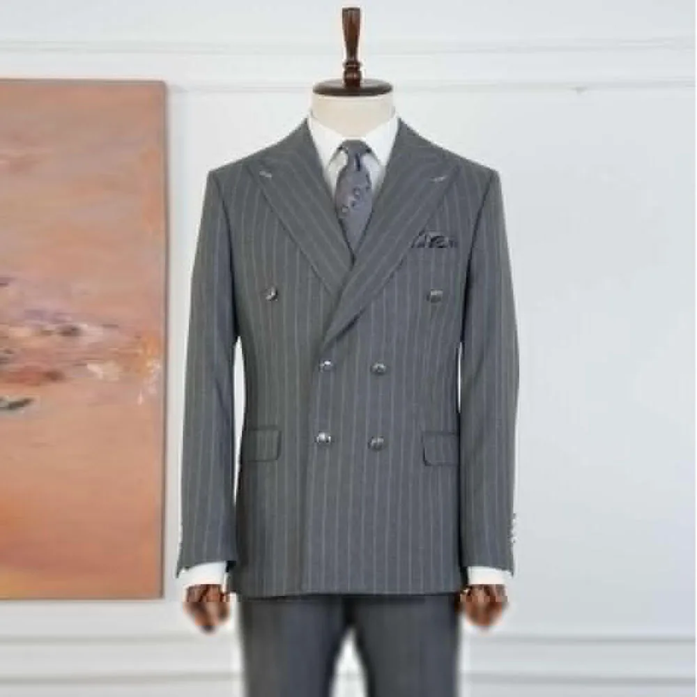 

Роскошные мужские костюмы в полоску, высокое качество, комплект из двух предметов, куртка и брюки для торжественных случаев, двубортная мужская одежда с остроконечными лацканами