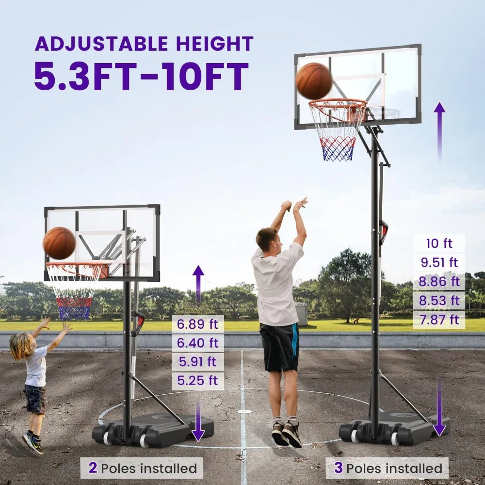 sistema de cesta de basquete ao ar livre com altura ajustável para crianças e adultos - 5,3 a 10 pés, tabela de nível profissional de 43,3 polegadas, ideal para