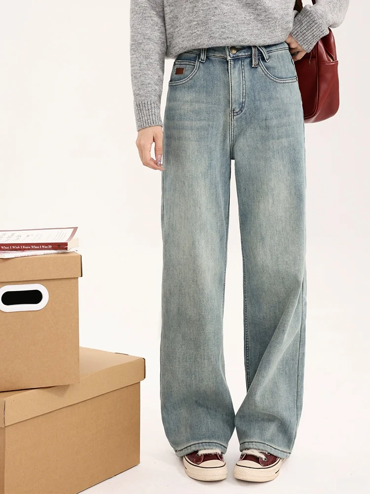 

High Waist Loose Women's Jeans Yang Bubble Small Pocket Leather Tag Denim Pants Winter Thickened Long Trousers