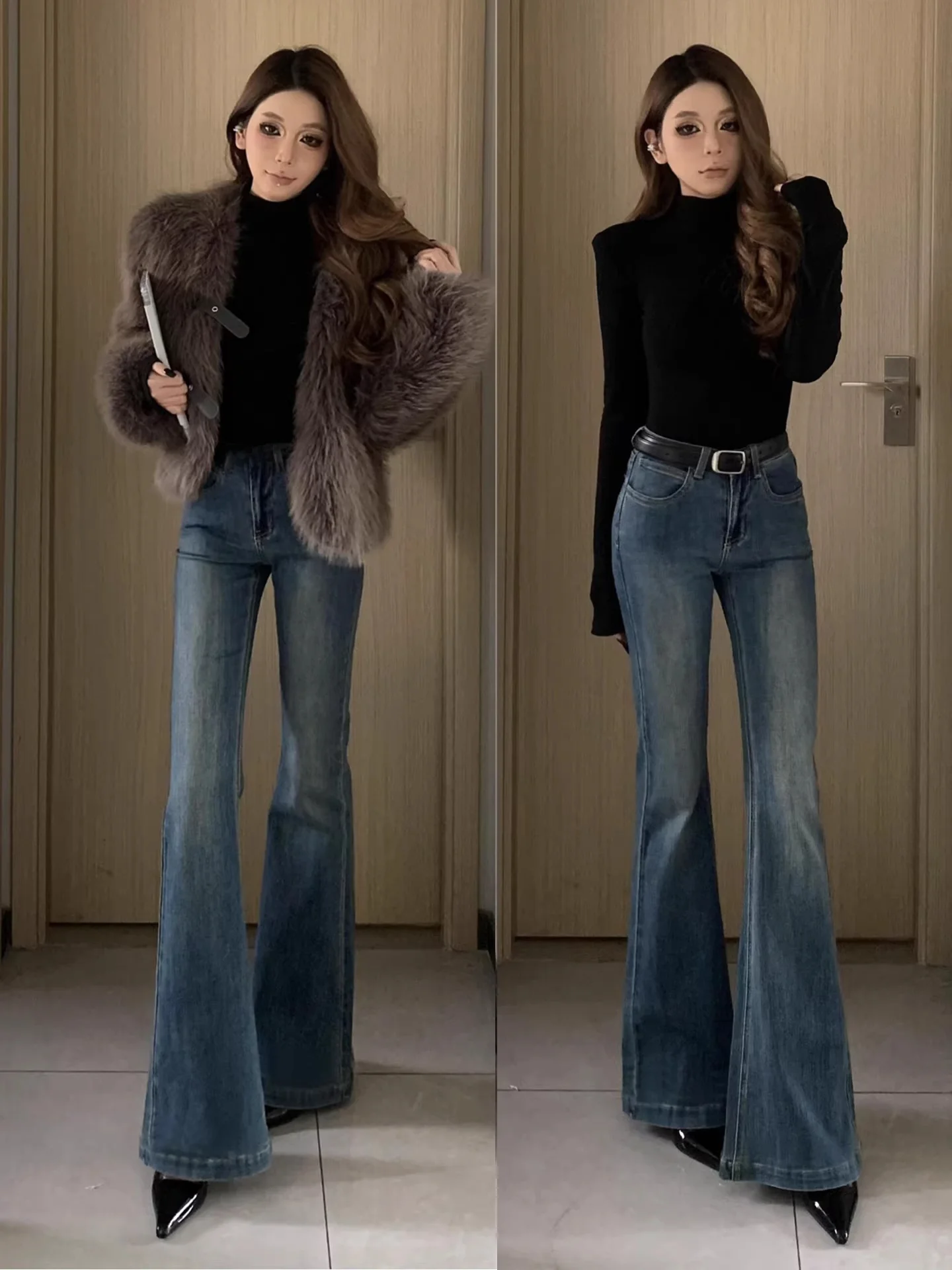 

Ретро-джинсы-клеш в американском стиле, синие, женские, с высокой талией, облегающие, удлиненные, повседневные, из хлопка, на молнии