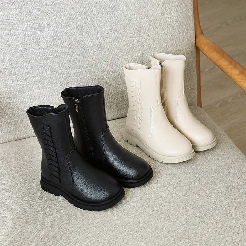 

Girls Solid Color Unique Versatile PU Child Fashion Mid-calf Boots Black Autumn and Winter Simple Japanese Style Warm Shoes New