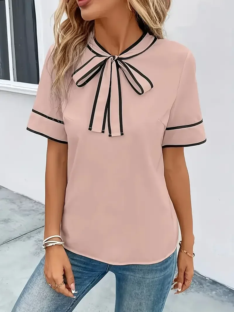 

Plus Size Women's Stylish Casual Bow Tie Casual Stylish Top with Decorative Bow Tie Neckline Neck Short Sleeve T-Shirt