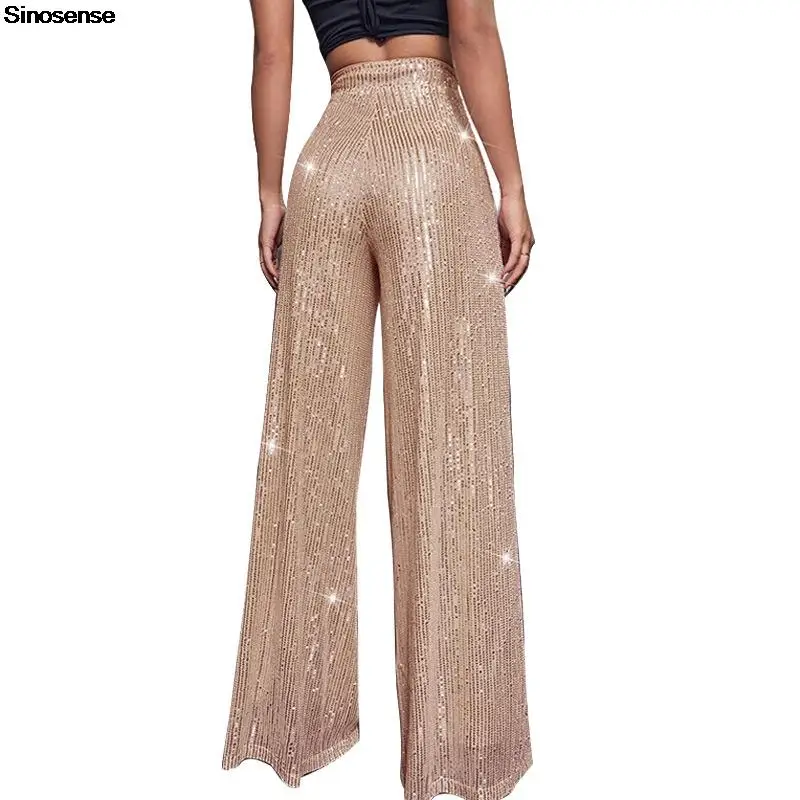 Women High Waist Sequin Sparkle Flared Pants Casual Loose Wide Leg Bell Bottom Trousers Glitter Bling Clubwear Party Shiny Pants