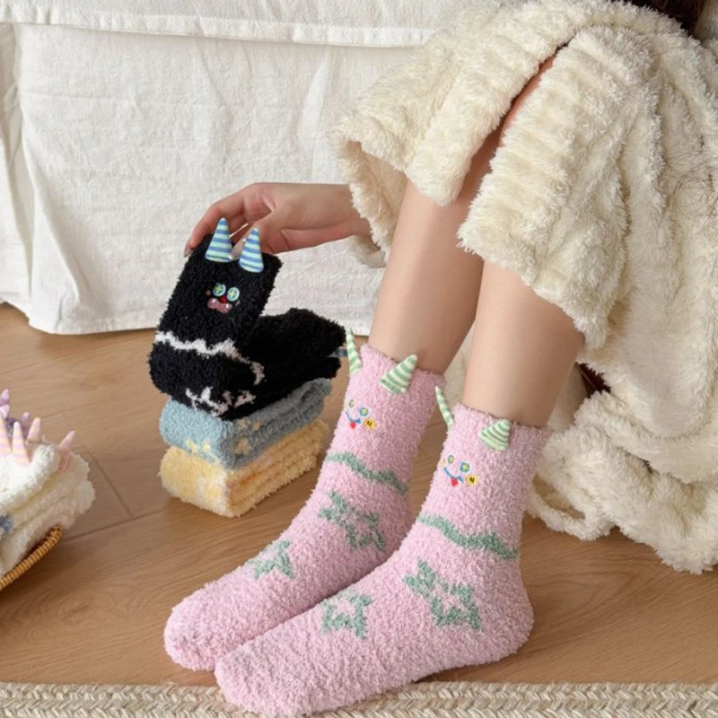

Ladies' Winter Thickened Fleece Warm Coral Fleece Floor Socks For Girl Kawaii Socks Cute Cartoon Monster Funny Mid Tube Socks