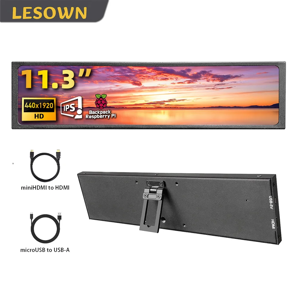 LESOWN Mini 11.3" Portable Travel Monitor 4401920 IPS 70% NTSC Ultra-Thin Bar Display for PC/Laptop/Gaming Raspberry Pi 5/4/3