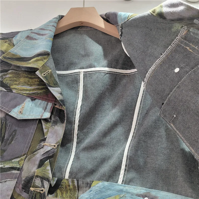 WTHT Fashion New Women's Colorful Print Lapel Denim Vest Elastic High Waist A-line Short Pants Female 2025 Summer 1LS2067
