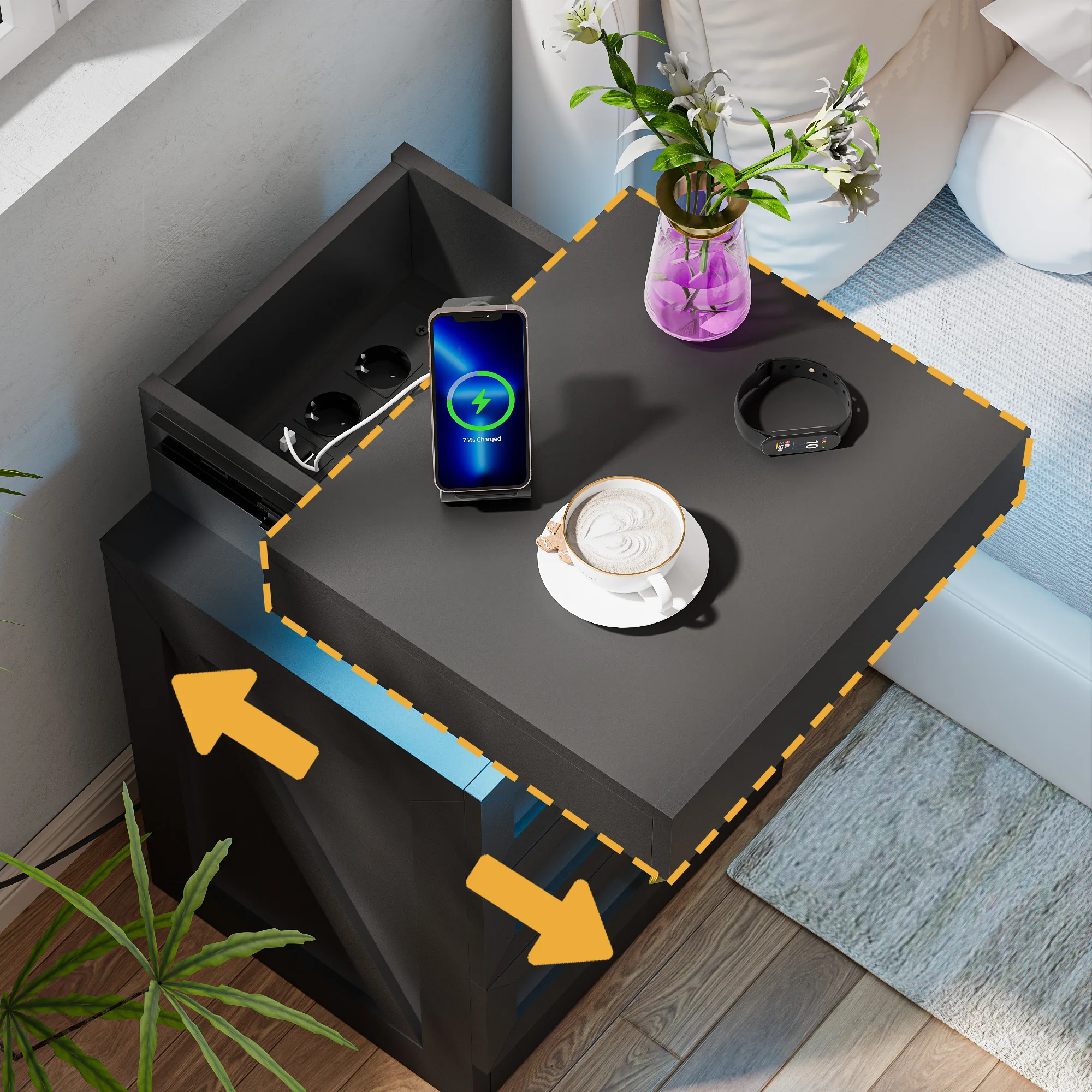 Table de chevet en bois avec station de charge, éclairage intégré, pour chambre et salon, à tiroirs coulissants