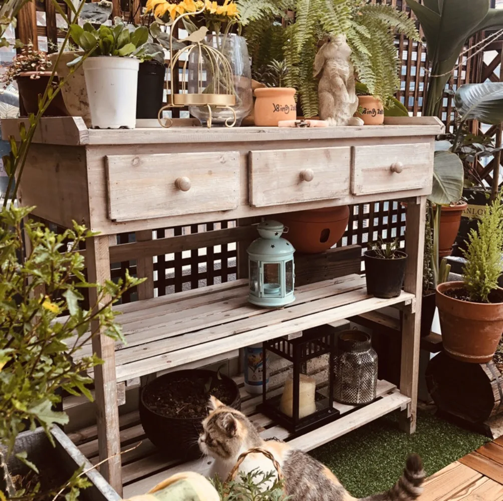 Vintage wooden garden table flower room indoor three-story gardening operation  fir wood old gardening