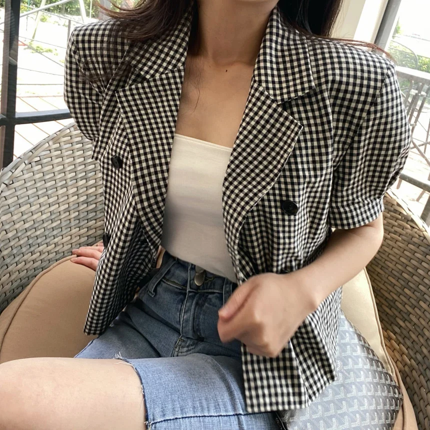 Summer Plaid Shirt Women's Short Style Design Sense  High-End Feelings Suit Jacket New Arrival 2026 Loose Fit Bubble Sleeve