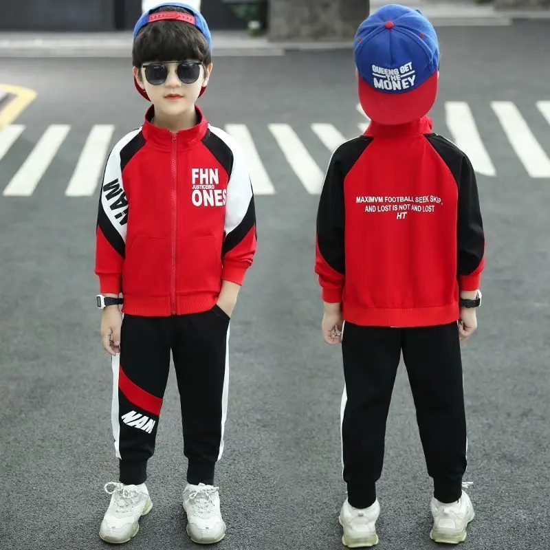 New Children Set Winter Autumn Zipper Splicing Jacket + Striped Pants Tracksuit Clothes Boys Sport Teenager Kids 4 6 8 10 12Year