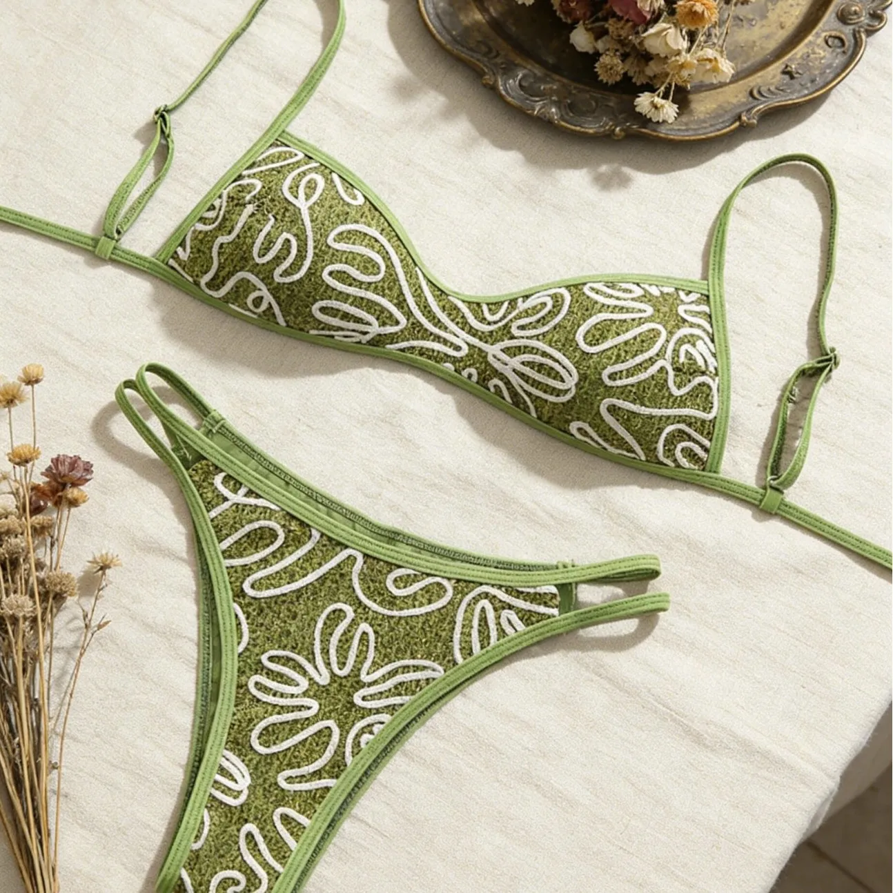 Women 2 Piece Bikini Set Green Abstract Floral Print High Cut Bikini Swimsuits Beach Pool Bathing Suit Swimwear Lace-up Bikinis