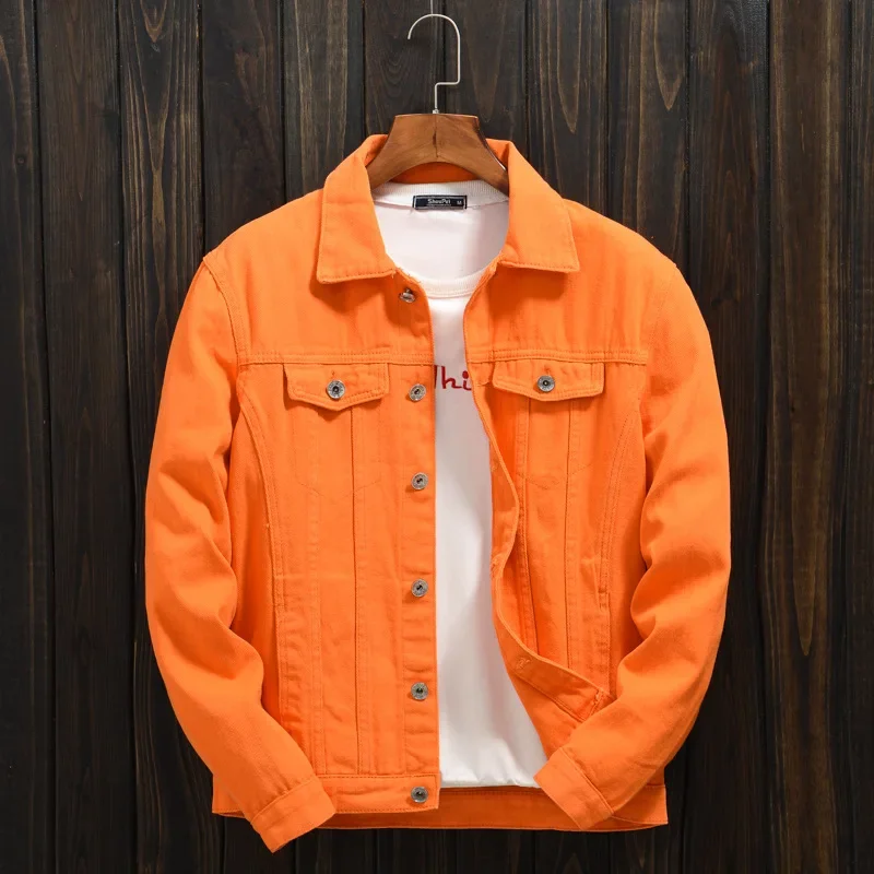 

HOO 2024 men's autumn orange lapel denim jacket teenagers drop shoulders loose casual denim jacket