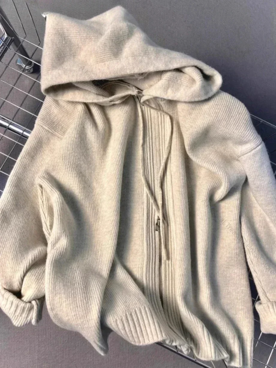 Gray Hooded Sweater Coat Women Spring Autumn Double Zipper Long Sleeve Loose Knitted Cardigans Simple All-matched Hoodies