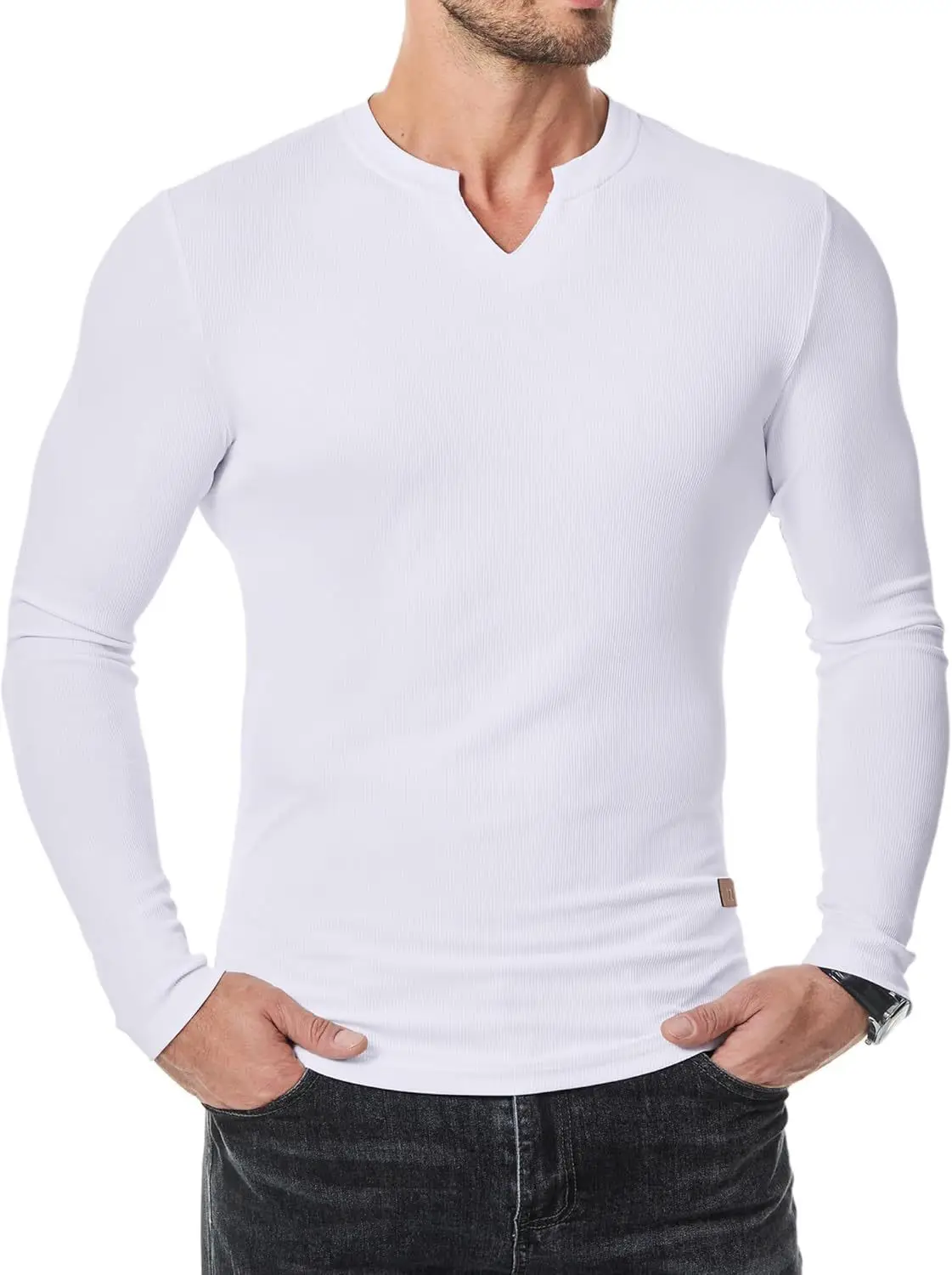 Men's New Autumn and Winter V-neck Pit Strip T-shirt Solid Color Casual Fashion Men's Long Sleeves T Shirts Harajuku Men Blouse