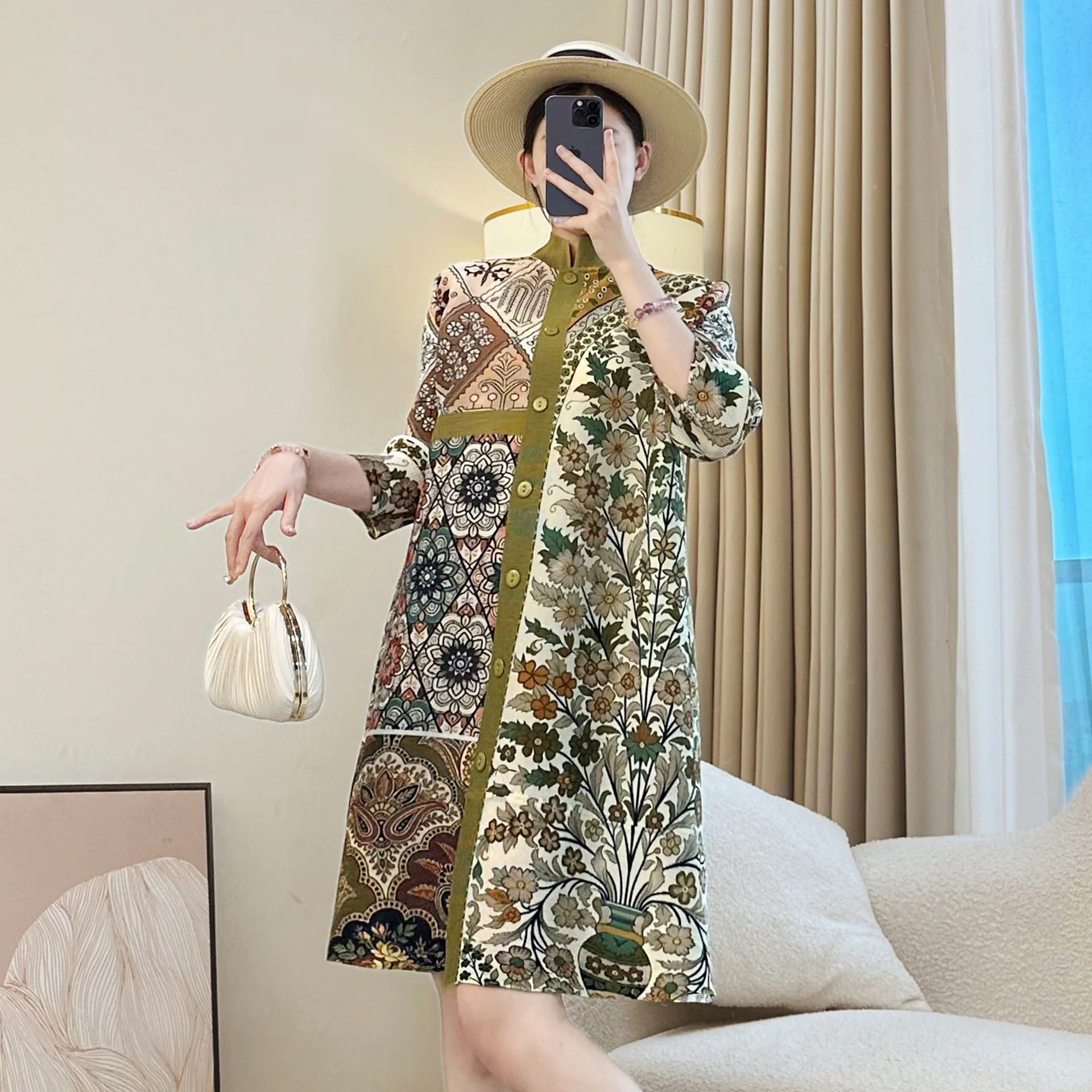 

Miyake New Chinese Style Retro National Style Pleated Dress Spring and Autumn New High-end Printed Button Cardigan Long Skirt