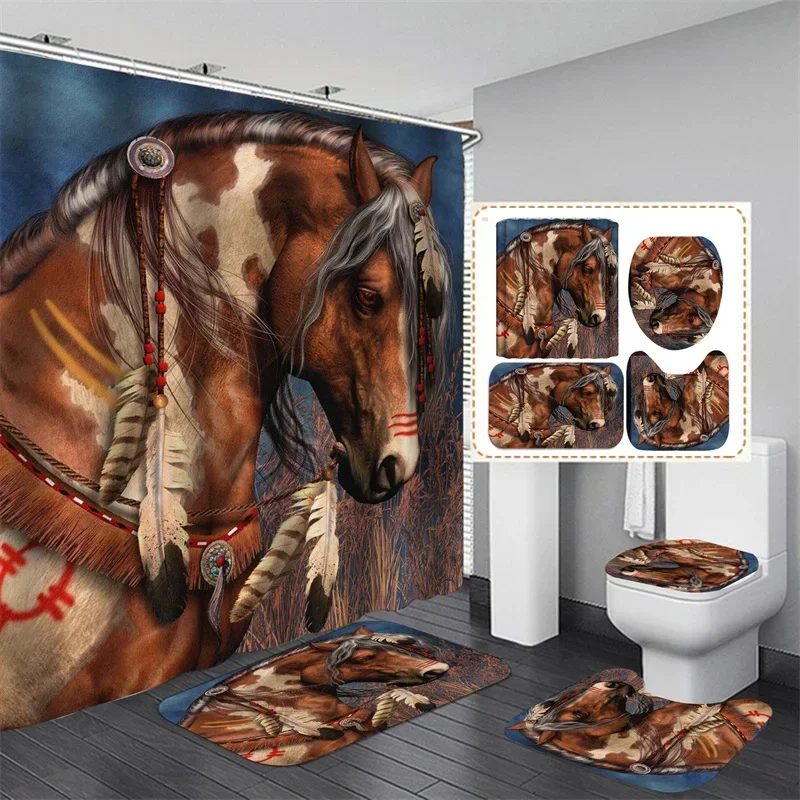 Horse Printed Shower Curtain Set Waterproof Bathroom  with Hooks  Sets    and Rugs Home Decor