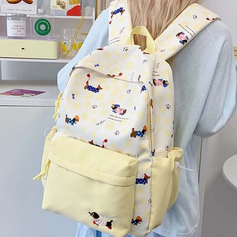 Daypack Nylon Dachshund Backpack Contrast Color Casual Students School Bag Fixed Webbing Durable Large Capacity Backpack