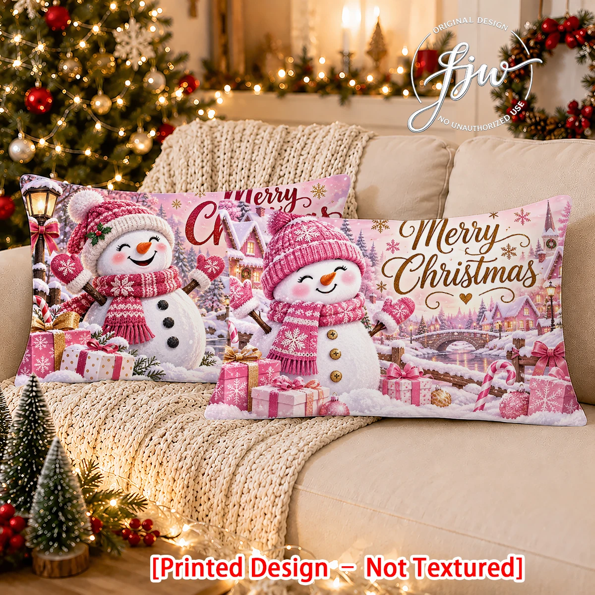 2pc Pink Christmas Snowman Lumbar Pillow Covers, Merry Christmas Winter Holiday Decorative Throw Pillow Cases for Sofa Couch