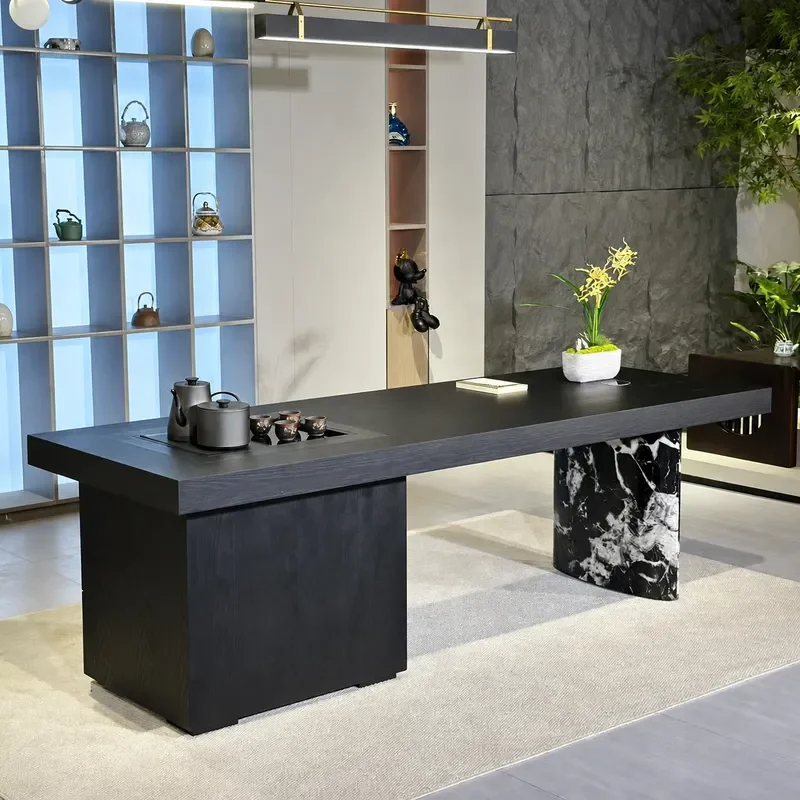 Light Luxury Minimalist Natural Marble Solid Wood Tea Table Modern Office One Click Water Dispensing Rock Slab Tea Table