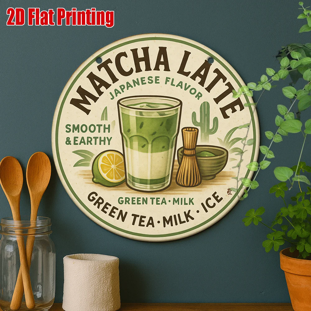 Letrero Metálico Redondo Vintage con Sabor Japonés a Matcha Latte, Decoración Retro para Pared de Cafetería, Tienda de Té, Cocina y Cafetería