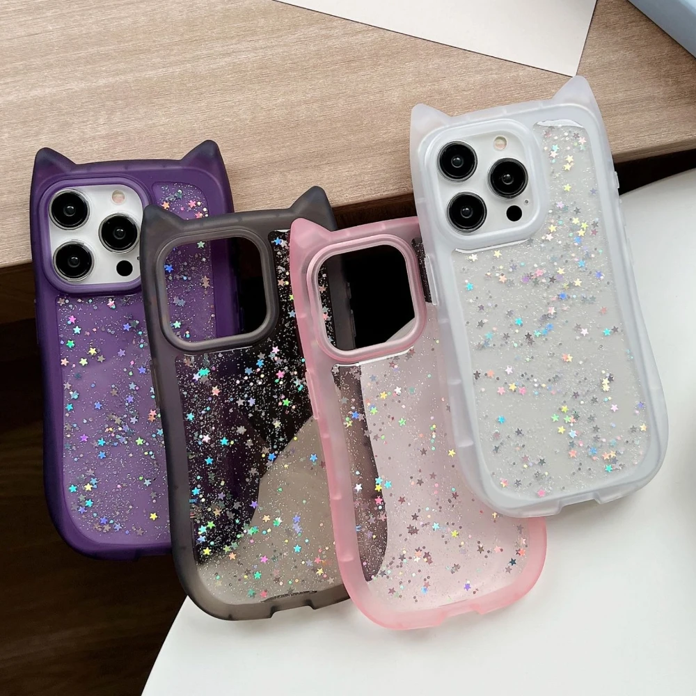 

Милый блестящий чехол с кошачьими ушками и звездами для iPhone 17 16 Pro Max 15 Pro Max 14 13 12, прозрачный противоударный чехол с блестящими блестками и блестками