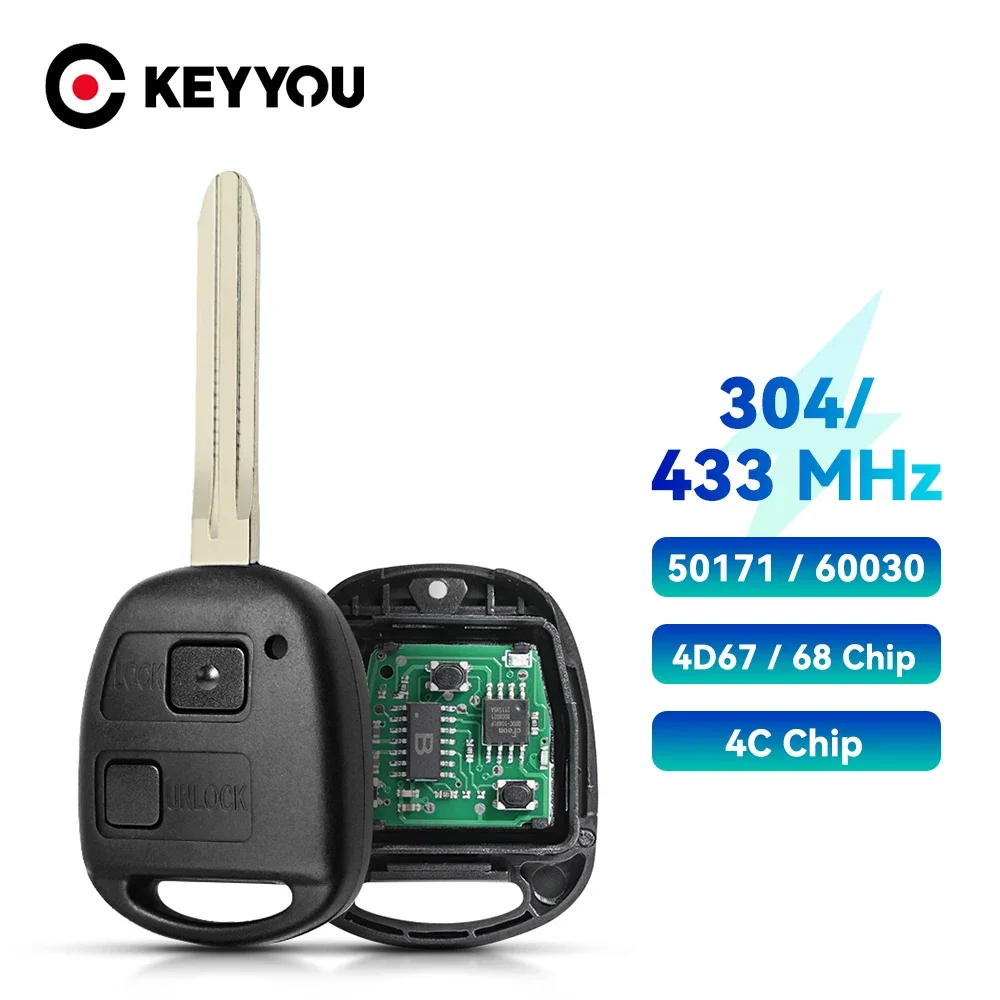 KEYYOU 50171 60030 For Toyota Camry Land Cruser 120 Prado Remote Car Key 304/433Mhz Toy43 Blade 4D67/4D68/4C Chip 2 Buttons