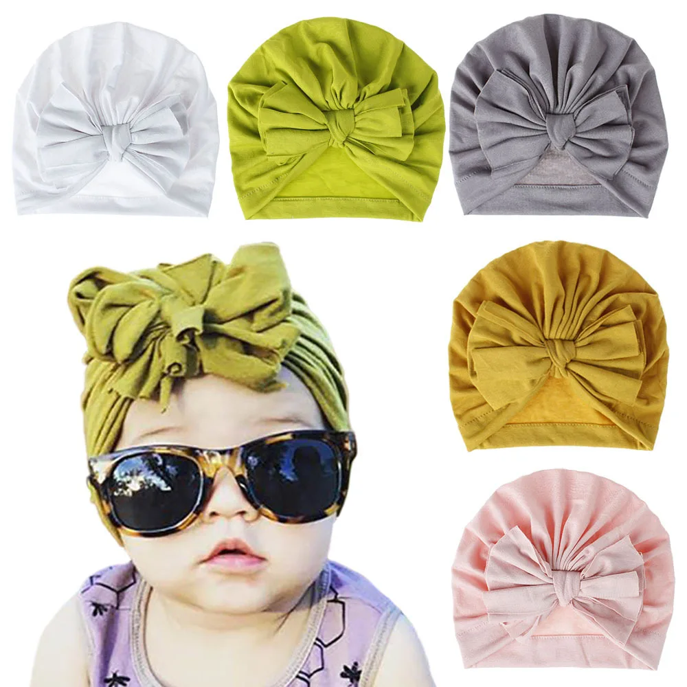 Stretchy Turban Hats with Knotted Big Bow Caps Beanies Bonnets Headwraps Hair Accessories for Baby Girls Infants Toddlers Kids