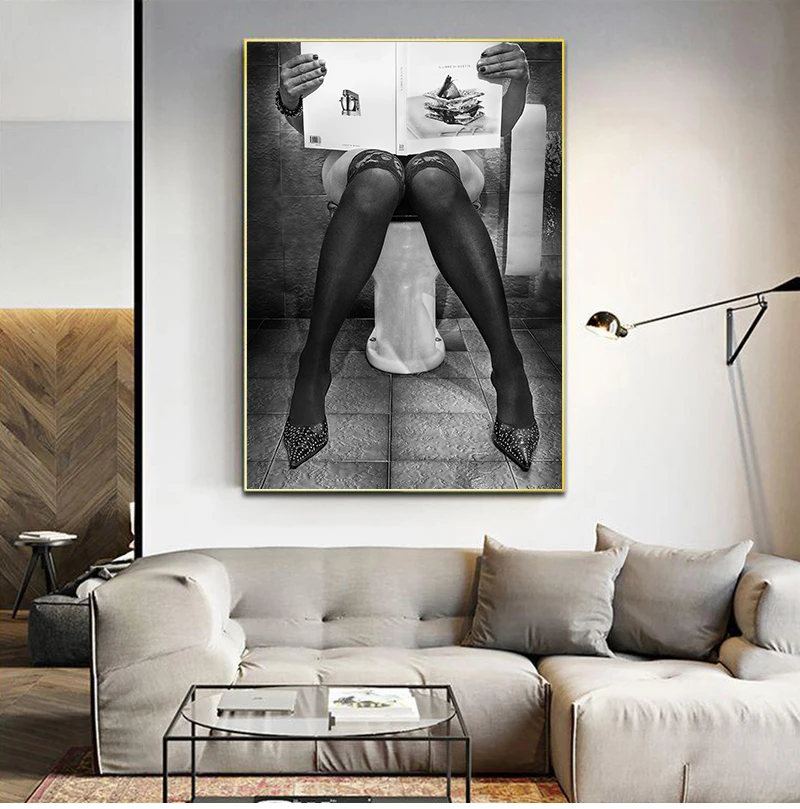 Read The Newspaper On The Toilet Poster Black White Women Photography Canvas Painting  Wall Art Pictures For Living Room