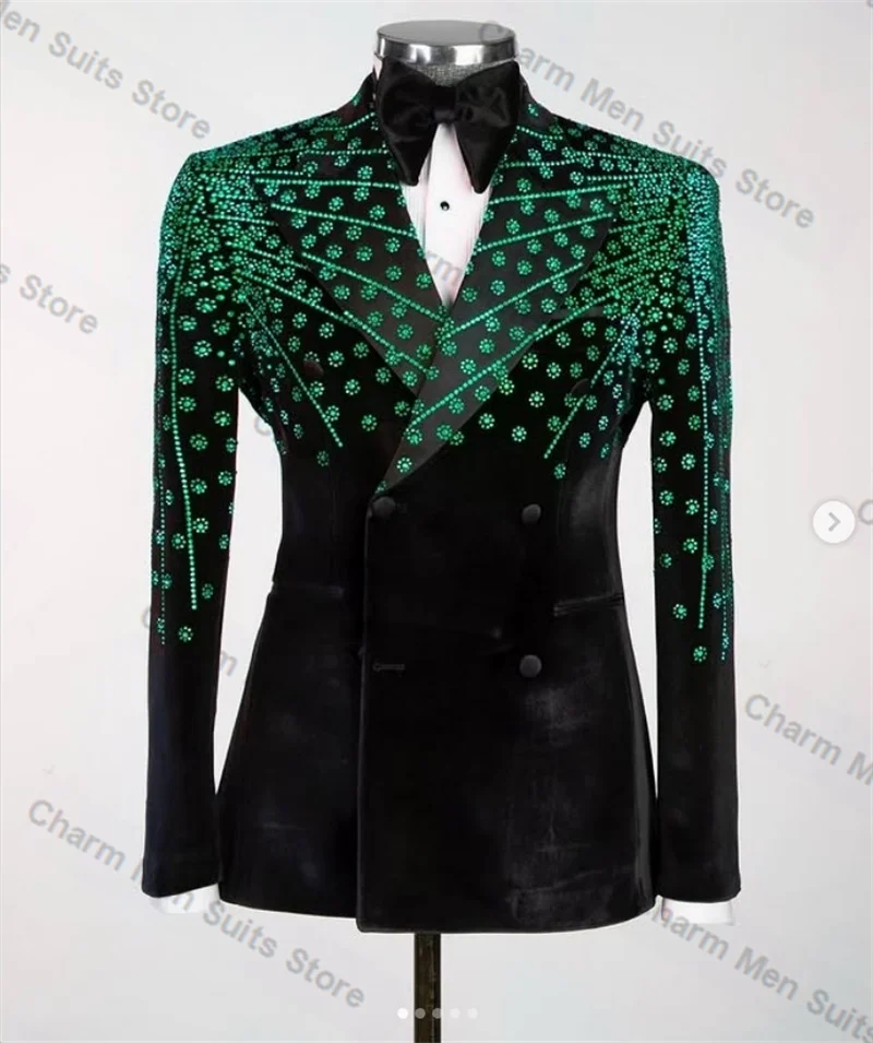Crystals Men Suits Pants Set 2 Pcs Velvet Blazer+Cotton Trouser Customized Groom Wedding Tuxedo Formal Office Prom Jacket Coat