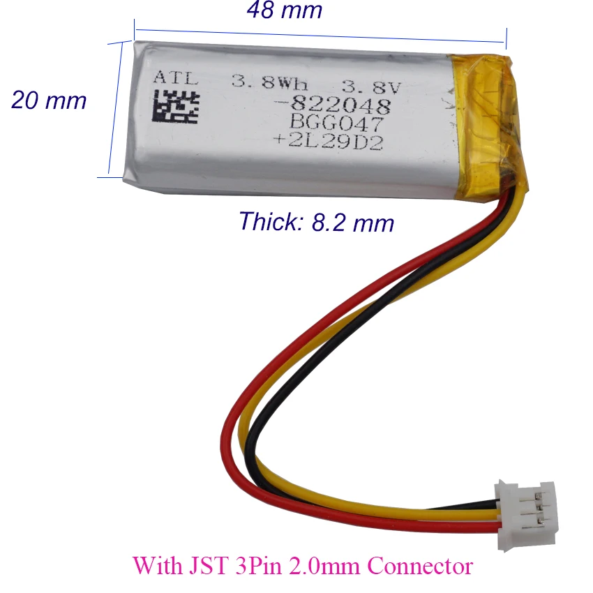 Li Lipo bateria para Roku Pro voz controlador remoto, polímero NTC substituição do termistor, 3.8V, 1000mAh, 3.8Wh, 822048, JST 3Pin, 2.0mm