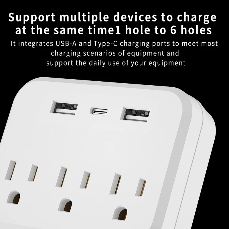 Plugue de parede econômico e poderoso em tomada de energia 6 em 1, 3 saídas de energia, 2 USB-A e 1 tipo C