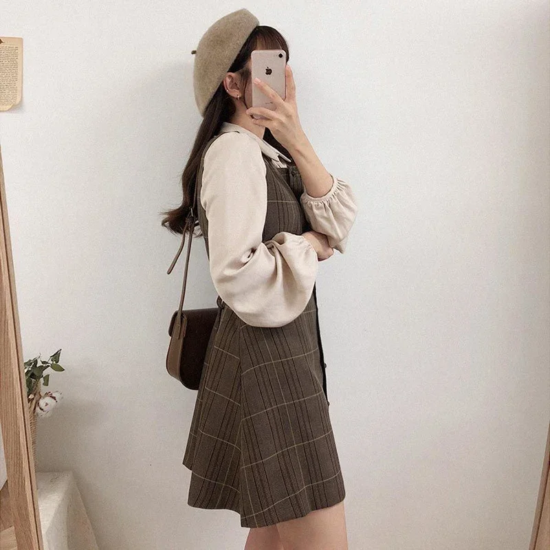 GIDYQ Japan Cute Two Piece Sets Shirt Dresses Women Fashion Chic Sleeveless Vest Solid Blouse Kawaii Vintage Students Sets