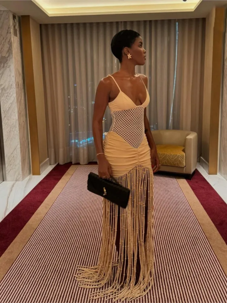 

Tassel Hem Splicing Sling Dress Women Sexy Waist Hollow Out Stretch Pleated Bodycon Dresses Female Solid Summer Beach Party Robe