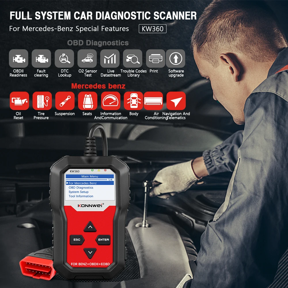 KONNWEI KW360 Full Systems OBD2 Scanner for Benz Professional Car Diagnostic Tool for C300 W204 W205 W211 ABS Airbag Oil Reset