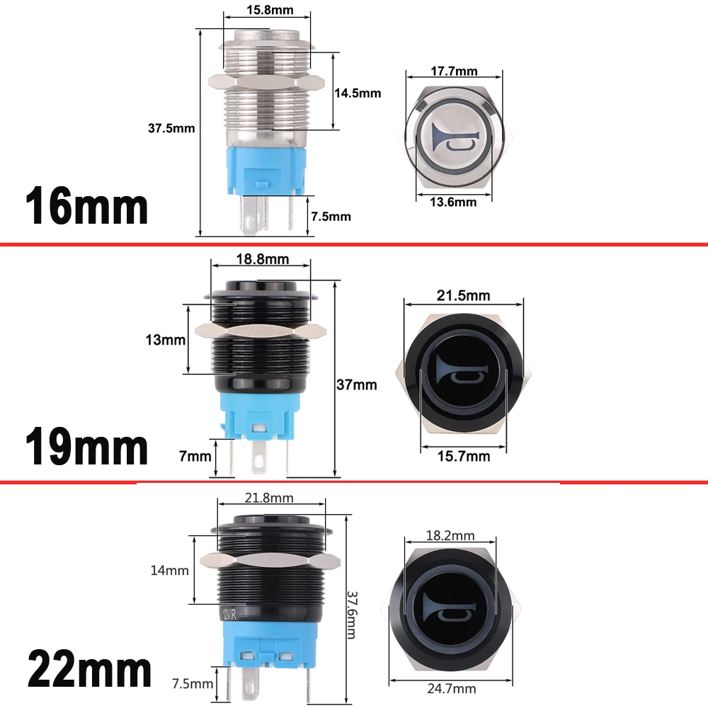 16/19/22mm Icon Momentary Reset High Head Horn Design Metal Push Button Switch with Connector Car Symbols Lamp12V24V220V3v6V Red