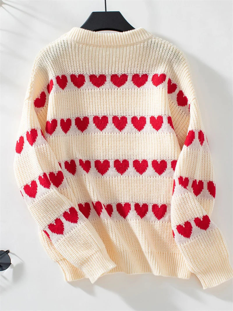 Women's Cute Heart Sweaters Loose Crewneck Casual Long Sleeve Knitted Pullovers Fall Winter Cozy Sweater Tops