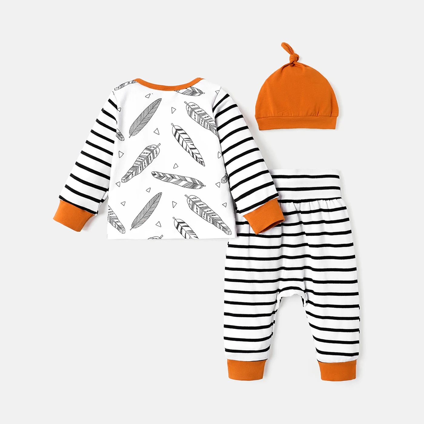 PatPat 3pcs Baby Boy/Girl 95% Cotton Long-sleeve Feather Print Top and Striped Pants & Hat Set