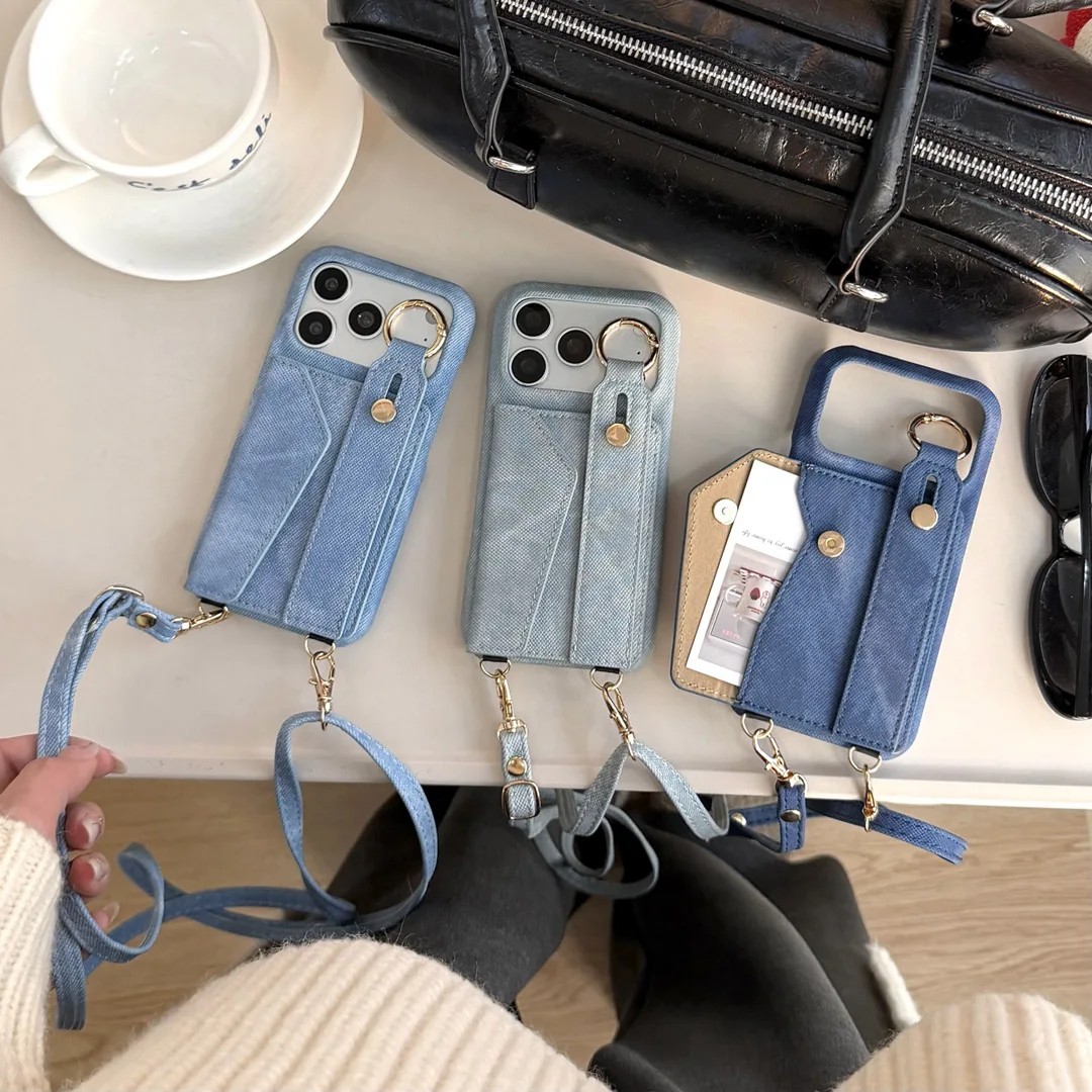 

Crossbody Denim Card Pocket Wallet Case For iPhone 11 12 13 14 15 16 17 Pro Max Plus Purse Stand Phone Cover With Hand Strap