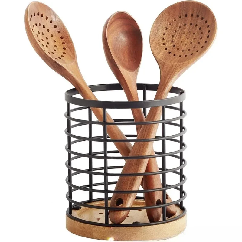 

Kitchen Counter Cutlery Box Solid Wood Cooking Tool Rack Round Spatula and Sorting Box Bucket Microwave steamer Air fryer rack